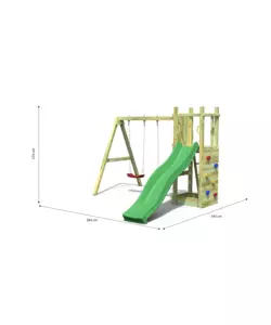 Gioco da esterno per bambini in legno fungoo "funny 3 double swing" con torretta scoperta, scivolo e altalena doppia, 345x284x210 cm